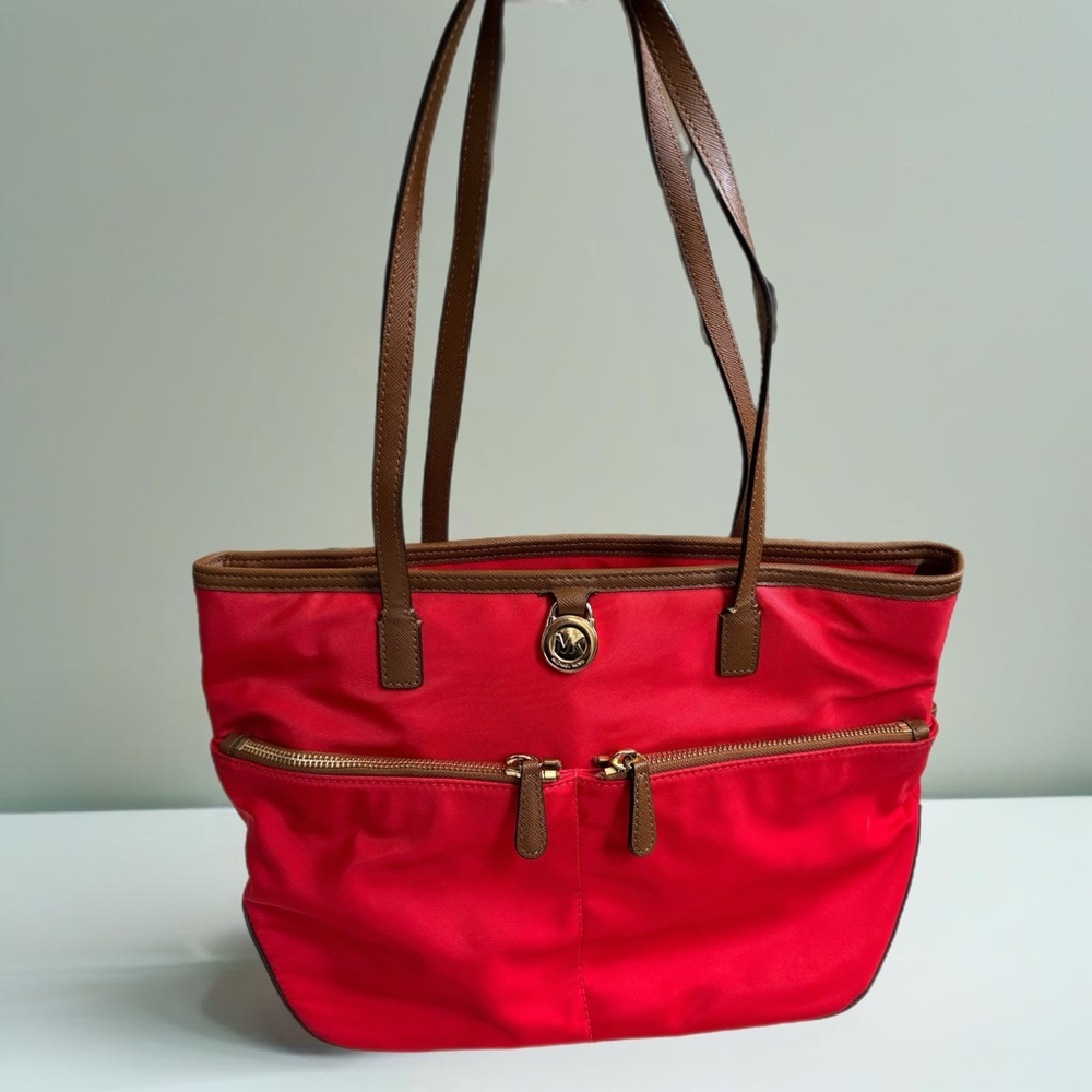 Michael Kors Red Kempton Shopper Tote Bag Shoulder Purse Leather Trim READ